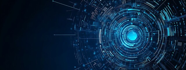 Obraz premium Abstract futuristic technology background with blue glowing lines and circles, digital data flow concept.