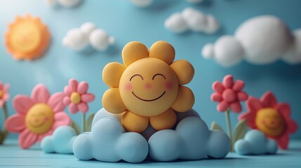 A cheerful sun and flowers made of clay with smiling faces on a blue background. Concept of happiness, positivity, and creativity in a 3D style