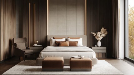 Cozy modern bedroom with a minimalist design, featuring neutral colors and sleek furniture