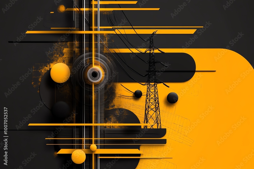 Poster Abstract design of urban power infrastructure, using minimalist shapes to represent energy grids and substations connecting the city.