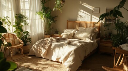 Cozy natural-style bedroom with wooden furniture, neutral bedding, and houseplants