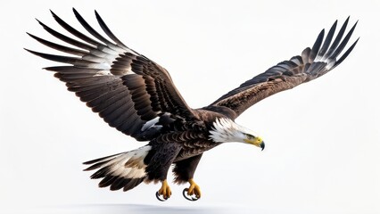 Obraz premium A majestic eagle soaring with outstretched wings against a white background.