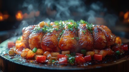 Steaming Hot Roasted Meat with Vegetables on a Wooden Platter