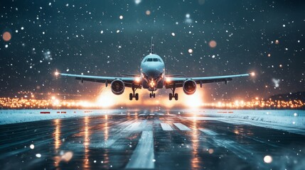 Plane taking off from snowy runway with snow falling down in the background during holiday travel season