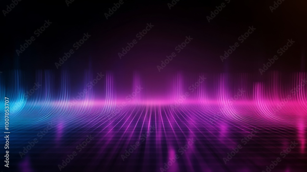 Fototapete high-tech virtual reality waveforms flow across a transparent grid, illuminated by vibrant neon purp