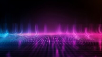 High-tech virtual reality waveforms flow across a transparent grid, illuminated by vibrant neon purple and blue lights, showcasing innovative data movement and creative potential