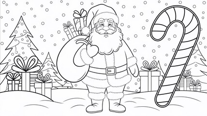 Santa Claus with gifts and candy cane outline line art doodle cartoon illustration. Winter Christmas theme coloring book page activity for kids and adults.