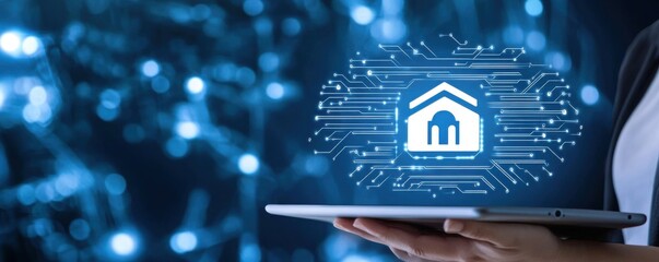 Professional holding an iPad with a digital security interface padlock symbol hologram representing data protection and cybersecurity in a business context