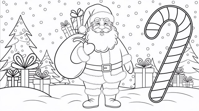 Santa Claus with gifts and candy cane outline line art doodle cartoon illustration. Winter Christmas theme coloring book page activity for kids and adults.