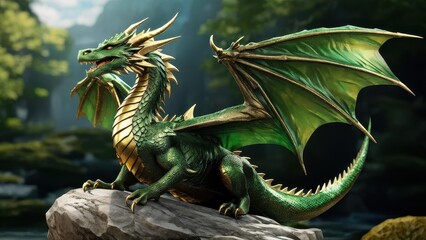 Fototapeta premium A majestic green dragon perched on a rock in a lush forest setting.