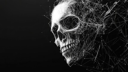 Intricate vector line art depicts a skull composed of a polygonal network of delicate lines, forming an abstract representation against a black backdrop. 