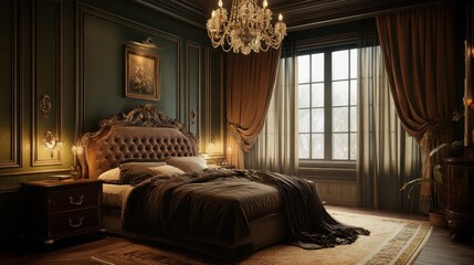 Fototapeta premium Elegant bedroom with an antique-style bed, rich drapes, and a classic chandelier