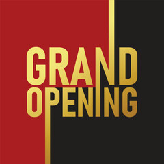 Naklejka premium Grand opening banner template design with gold shiny text on red and black decorative background. Announcement greeting card for opening new business. Grand opening typography logo.