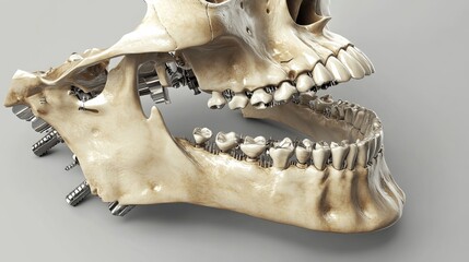 Naklejka premium Metal plates and screws have been used to fix a fractured jawbone in this 3D illustration. The jawbone, or mandible, is the only movable bone in the skull. It is responsible for chewing, speaking