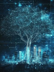 Fototapeta premium A tree with luminous branches and digital connections over a futuristic cityscape, symbolizing technology and nature integration.