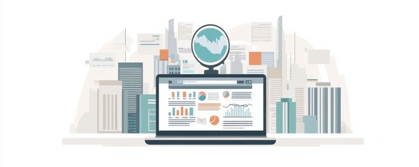 Digital marketing illustration featuring laptop with analytics and skyscraper skyline in the background conveying modern business strategies