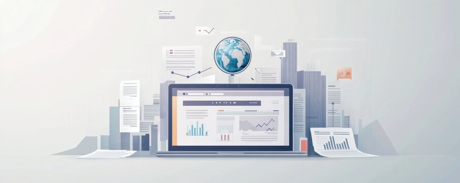 Digital marketing concept with laptop and global analytics in a cityscape background