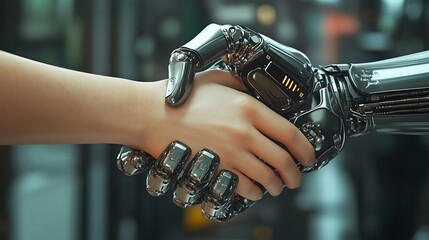  Robot hand shaking with a human: a symbol of future business cooperation. Combining artificial intelligence and human touch for technological evolution. 