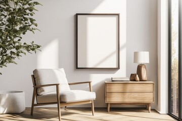 Bright and Contemporary Living Room Interior with Stylish Furnishings and Mockup Poster