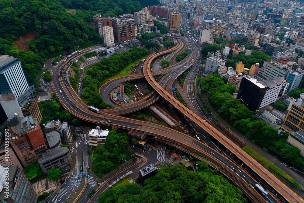 Poster Aerial view of a complex urban infrastructure network, where roads, railways, and power lines create a web connecting different parts of the city.