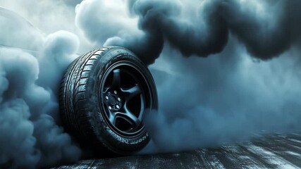 A close-up of a tire spinning and creating a large cloud of smoke during a burnout