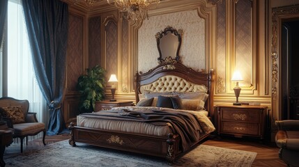 Elegant classic bedroom with ornate wooden furniture and vintage decor, soft lighting