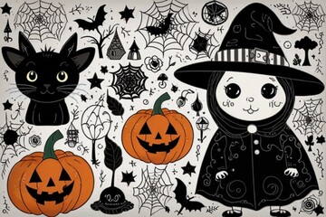 A set of black and white Halloween doodles highlighted on a white background, for coloring pages, prints, decoration of postcards and posters, stickers, sublimation, etc.