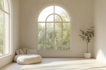 Fototapeta premium Modern Empty Living Space with Arch Window in Beige Interior Design