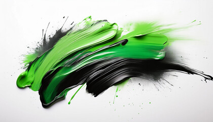 Abstract green and black oil paint brushstrokes on white background.