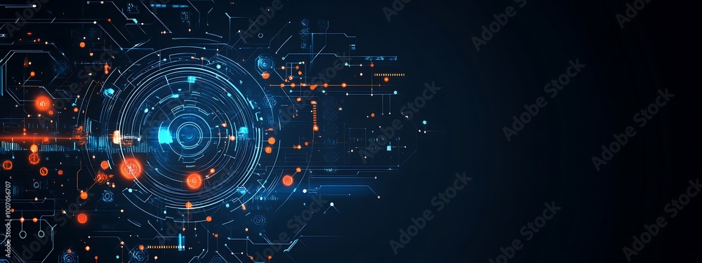 Poster abstract digital technology background with glowing blue and orange circles and lines.