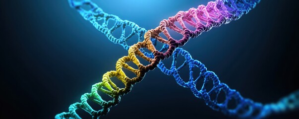 Vibrant digital rendering of a glowing double helix DNA structure with blue and pink highlights in a dark background