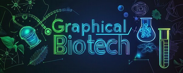 Neon green and blue biotech icons with scientific and technological elements in futuristic design