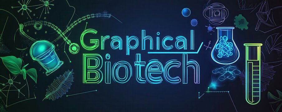 Neon green and blue biotech icons with scientific and technological elements in futuristic design