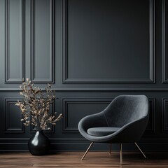 Minimalist Contemporary Interior Design with Comfortable Chair and Copy Space on Blank Grey Wall