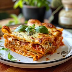 Delicious homemade lasagna served on a plate with fresh basil in a cozy kitchen setting