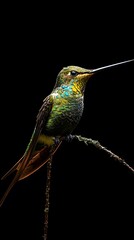 Obraz premium Sword-billed Hummingbird Perched on a Branch on a Black Background, Realistic Photo, Wallpaper, Cover and Screen for Smartphone, PC, Laptop, 9:16 and 16:9 Format