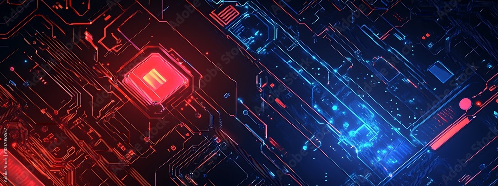 Poster Abstract futuristic technology circuit board background with red and blue glowing lines and elements.