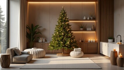 Modern bathroom of massage parlor, spa with decorated Christmas tree, sofa and diffused lighting against large windows
