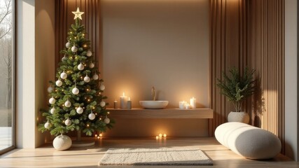Modern bathroom of massage parlor, spa with decorated Christmas tree, sofa and diffused lighting against large windows
