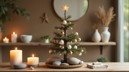 Cozy interior with small Christmas tree, towel and candles in warm lighting on blurred background. Concept of body care, health, hygiene