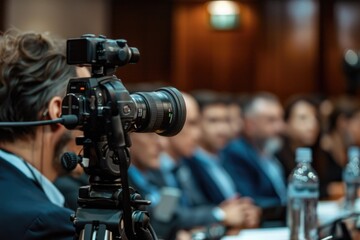 A person wearing a business suit sits in front of a camera, ready for an interview or presentation