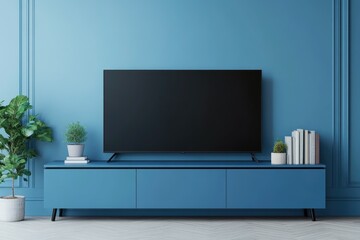 Modern Living Room with Television on Blue Cabinet and Cream Wall Background