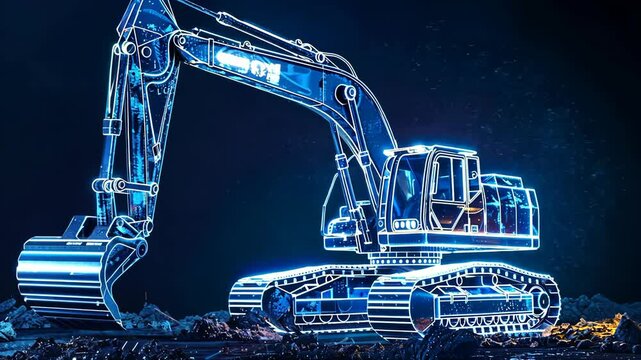 A digital rendering of an excavator is shown against a dark background