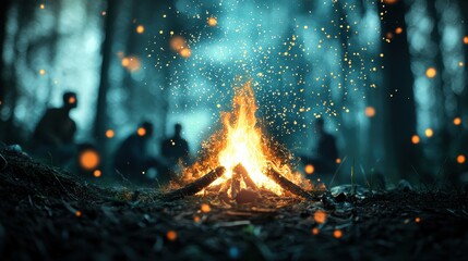 A group of friends gathered around a campfire their faces illuminated by the flickering flames as they listen intently to a scary story about a local ghost.