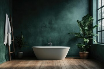 Modern Bathroom Interior with Wooden Floor and Green Accents