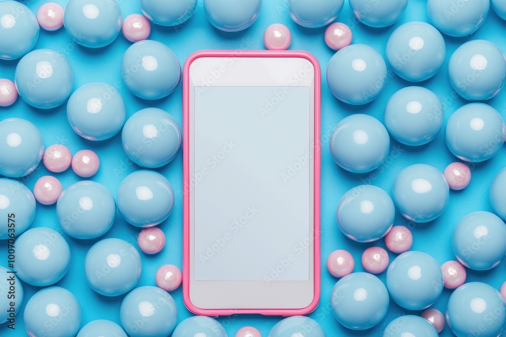 Fototapete blue balls background with pink frame and white screen for text, top view. the design is minimalisti