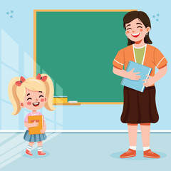 Smiling student girl and teacher standing in front of blackboard in classroom. Back to school concept. Vector illustration in flat cartoon style