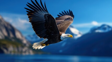 Obraz premium Majestic Eagle in Flight Over Stunning Landscape