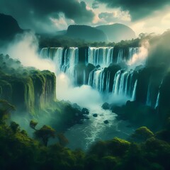 "Majestic Waterfall in the Forest"
A powerful waterfall cascading down lush green mountains, creating a misty atmosphere in the dense forest. Ideal for nature and adventure themes.