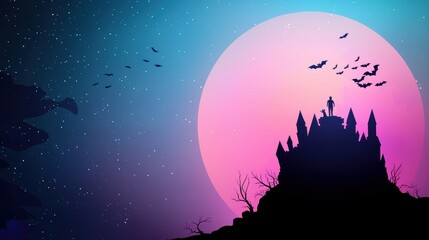 Coloring Book Halloween Vampire A partially colored illustration in a children coloring book depicting a vampire family (parents and a child) standing in front of their castle illuminated by a full